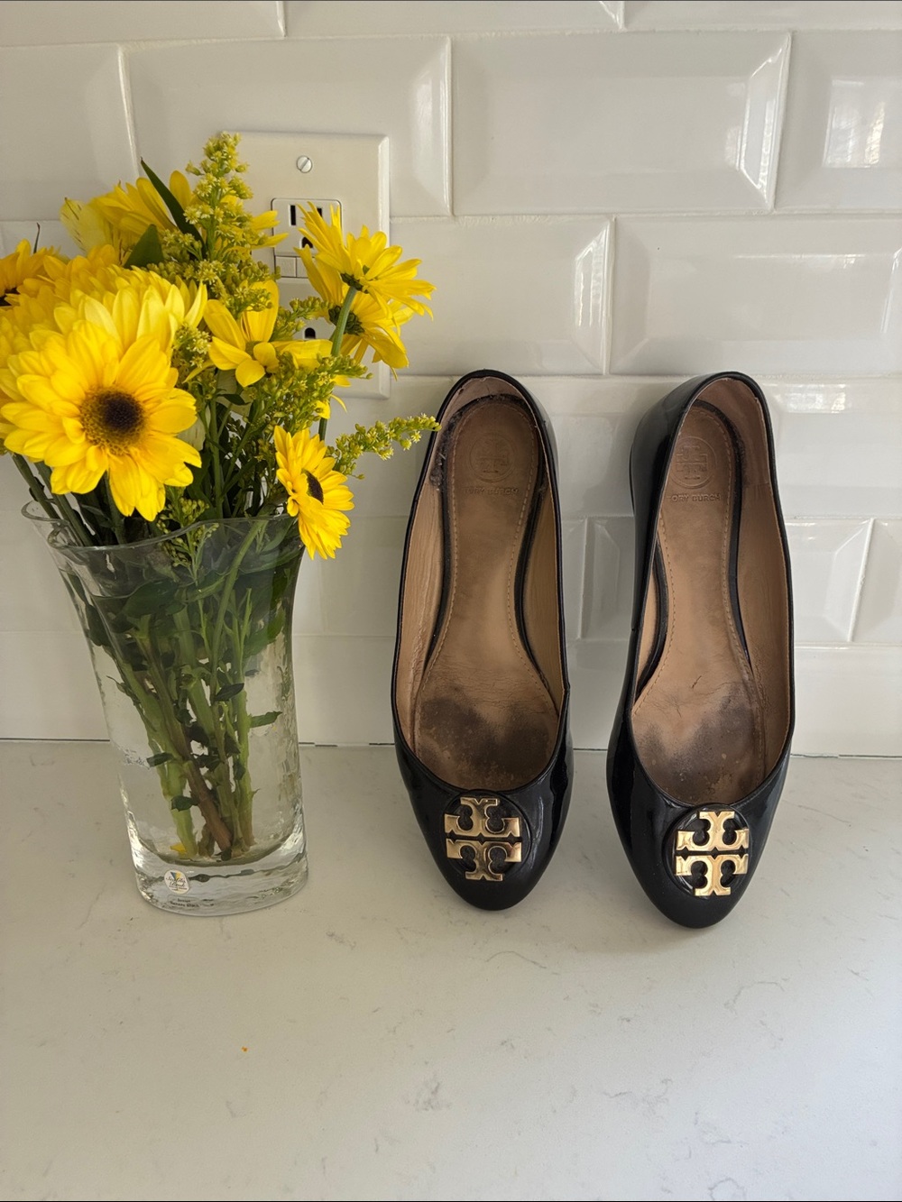 Tory Burch Black Patent Leather Logo Ballet Flats with Gold Emblem